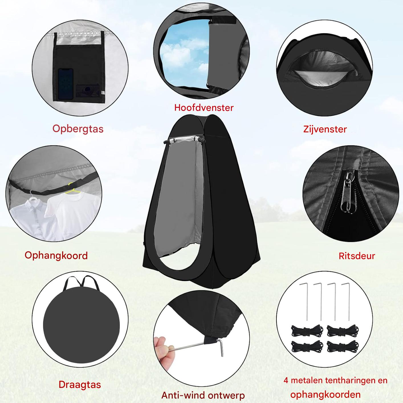 Pop-Up Douchetent met 5 Gallon Solar Shower Bag – 2-Delige Privacy Tent Set voor Camping & Strand – Opvouwbare Draagbare Toilet- en Ombkledtent – Waterdicht, UV-Bescherming & Ventilatie – Inclusief Draagtas – Zwart