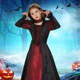 Vampier Kostuum Voor Meisjes - Lange Zwarte En Rode Vampier Jurk Met Halsband - Gothic Kinderkostuum Voor Halloween, Carnaval, Cosplay - Maat 4-9 Jaar - Luxe Halloween Verkleedjurk Met Spinmotief