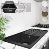 Aquamarin Granieten Spoelbak met Afdruipgedeelte - Keukenspoelbak 76x46 cm - Inbouw Spoelbak Rechthoekig - Reversible Drainer - Composiet Spoelbak van 80% Kwarts - Zwarte Keuken Spoelbak met Overloop en Afvoerset