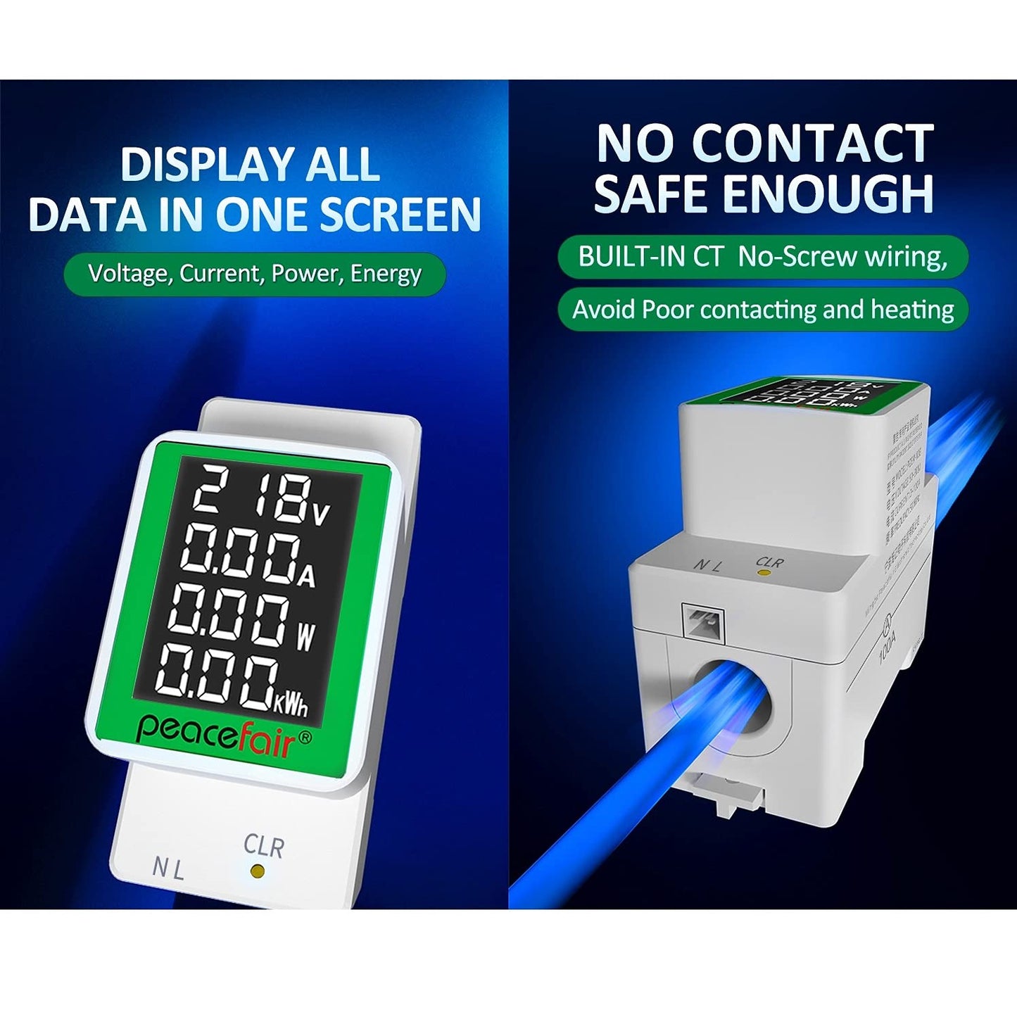 1 Stuk Geavanceerde AC Din Rail Energiemeter: Digitale Multimeter & Elektriciteitsverbruik Monitor - AC Voltmeter en Ammeter 50-300V 0-100A met Ingebouwde Stroomtransformator