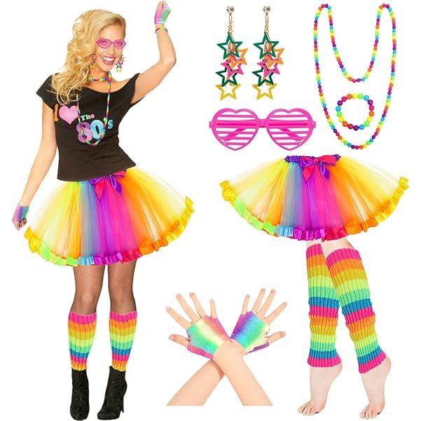 80s Verkleedkostuum Voor Vrouwen - Neon Accessoires Set Uit De Jaren 80 - Regenboog Tutu Rok, Beenwarmers, Handschoenen, Bril, Oorbellen, Armband, Ketting - Retro Party Kostuum - Dansoutfit Volwassenen - Halloween/ Feest - Pull On Sluiting