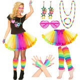 80s Verkleedkostuum Voor Vrouwen - Neon Accessoires Set Uit De Jaren 80 - Regenboog Tutu Rok, Beenwarmers, Handschoenen, Bril, Oorbellen, Armband, Ketting - Retro Party Kostuum - Dansoutfit Volwassenen - Halloween/ Feest - Pull On Sluiting