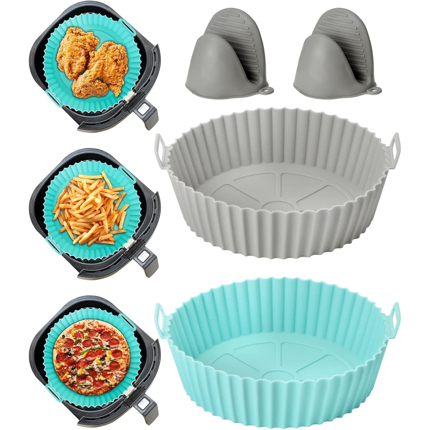 8 Delige - Set Siliconen Airfryer Liners Met  7.5inch - Ronde Siliconen Airfryer Pot Herbruikbaar - Siliconen Airfryer Mandje met Handvat - Gemakkelijk Schoon te Maken Voedselveilige Airfryer Accessoires (Blauw+Grijs)