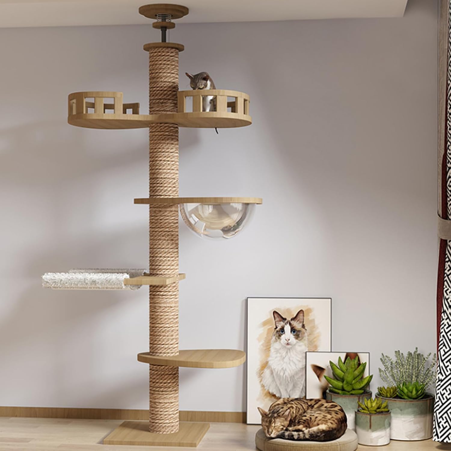 Plafondhoge Krabpaal Kat – Verstelbare Kattenboom 255-265cm – Hoge Klimboom Met U-Vormige Hangmat, Ruim Kattenhuis, Dubbele Uitkijkpost & Krabpalen – Kattenmeubel Voor Binnen – Klimtoren Voor Grote Katten – DIY Indeling