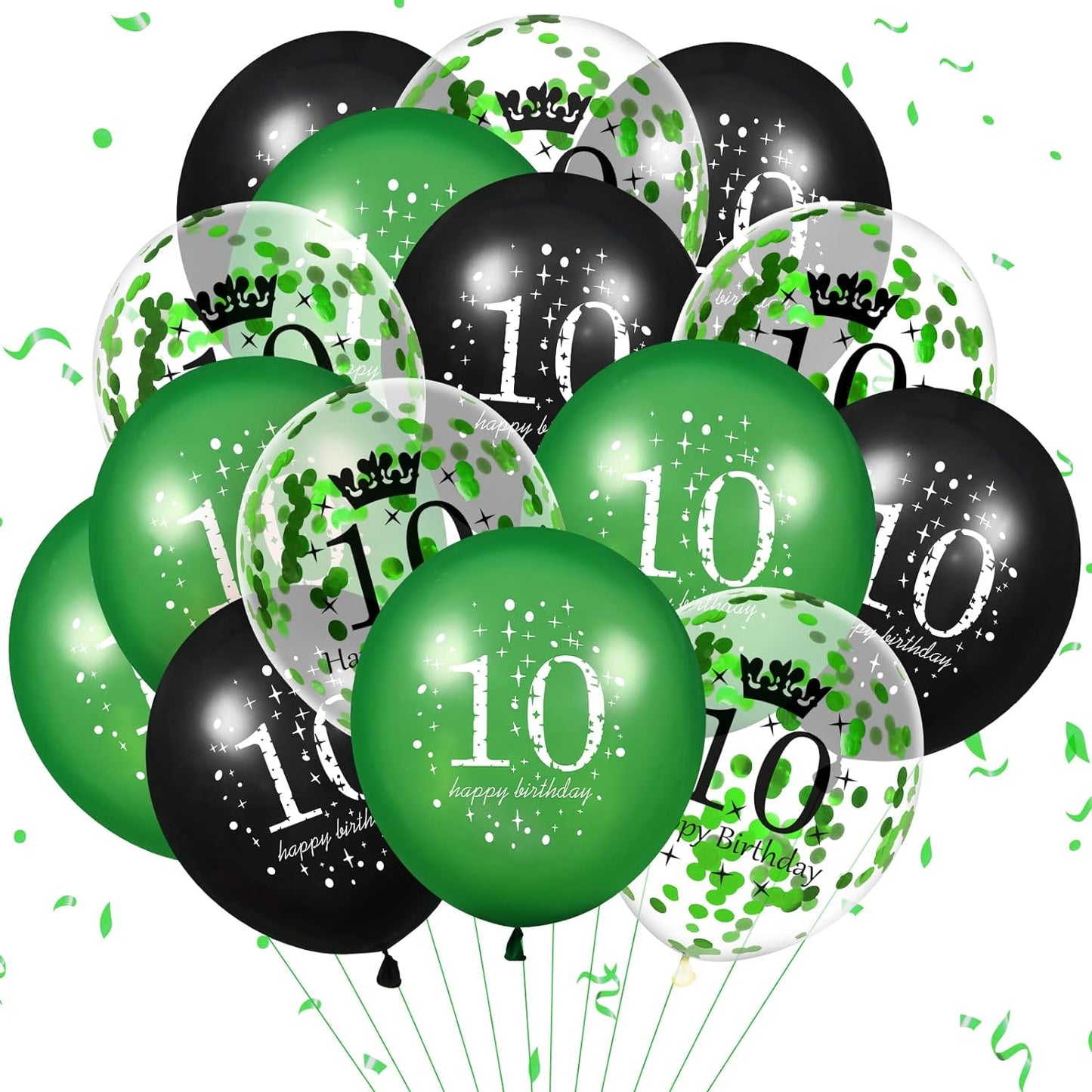 10e Verjaardagsballonnen Set voor Kinderen - 18 Stuks Tiende Birthday in Levendig Groen, Zwart & Confetti - 30cm - Perfect voor Binnen- & Buitenfeestjes