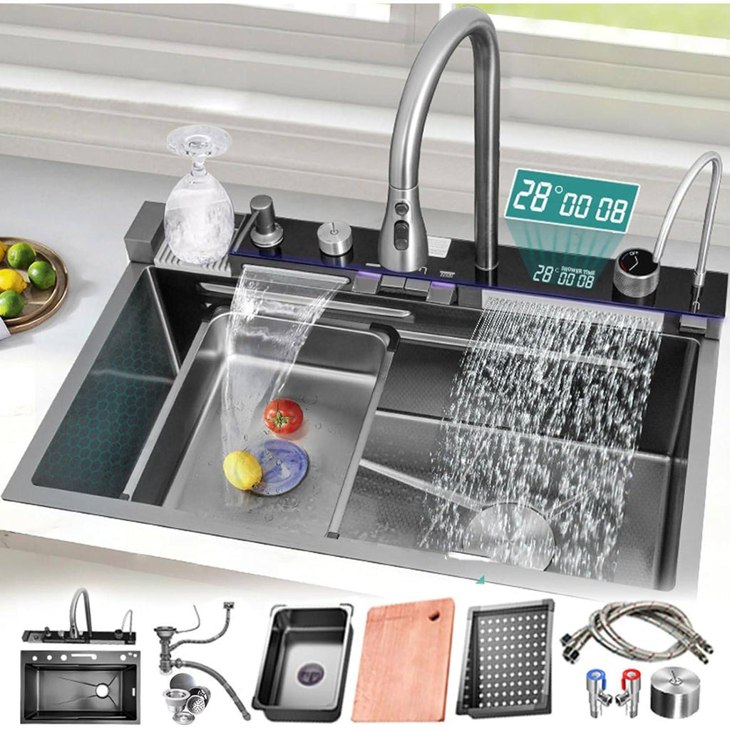 Zwarte Geïntegreerde Spoelbak – Luxe Werkstation Keukenspoelbak met Waterval, Kraan met Digitale Temperatuurweergave, Piano-schakelaarbediening en Volledige Accessoireset (68 cm)