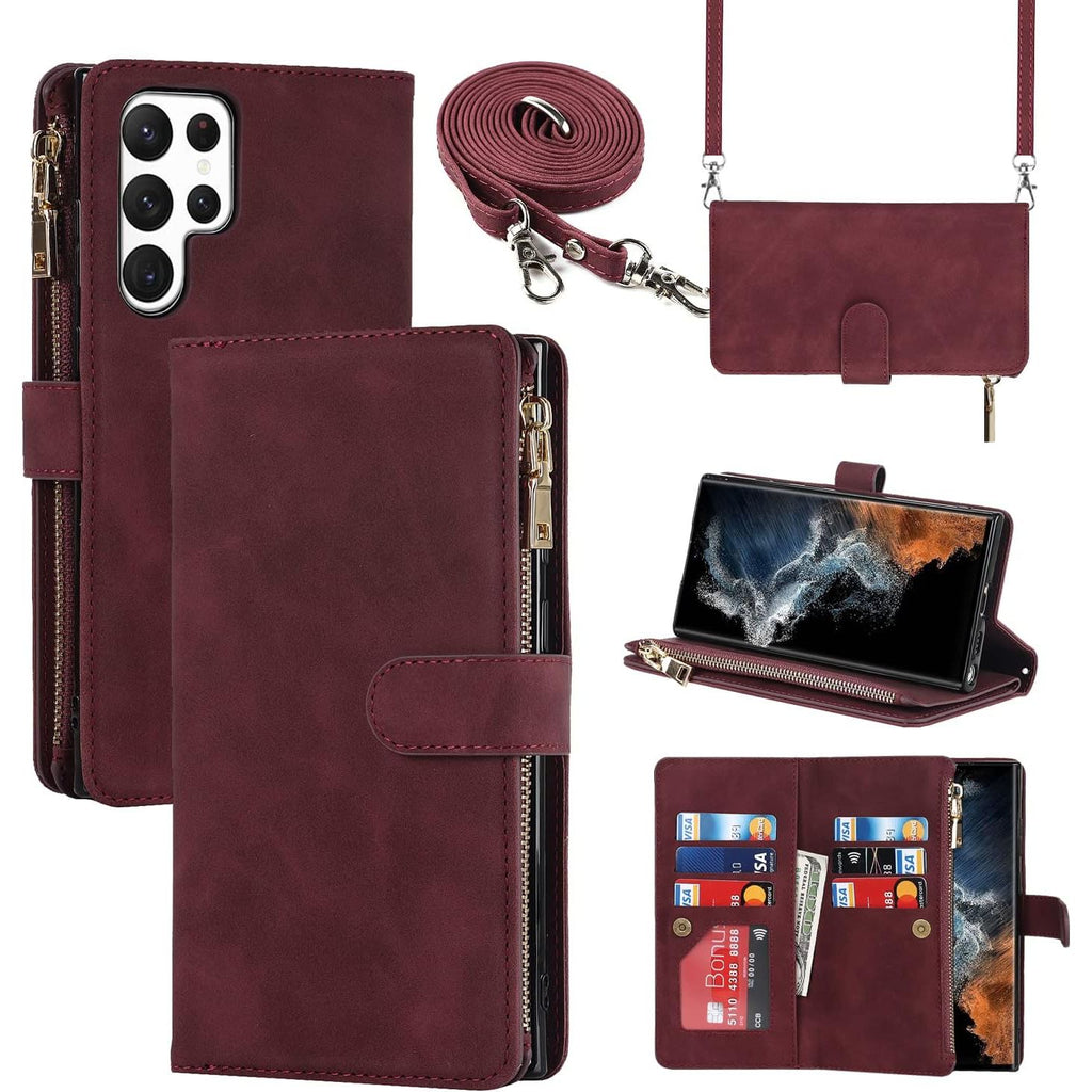 Luxe Leren Telefoonhoesje met Lanyard - Flip Wallet Case - Samsung Galaxy S22 Ultra - Rood Wijn - 9 Kaartslots - Dubbele Magnetische Sluiting - Shockproof Hoesje - Verstelbare Nekkoord - Compatibel met Samsung Galaxy S22 Ultra