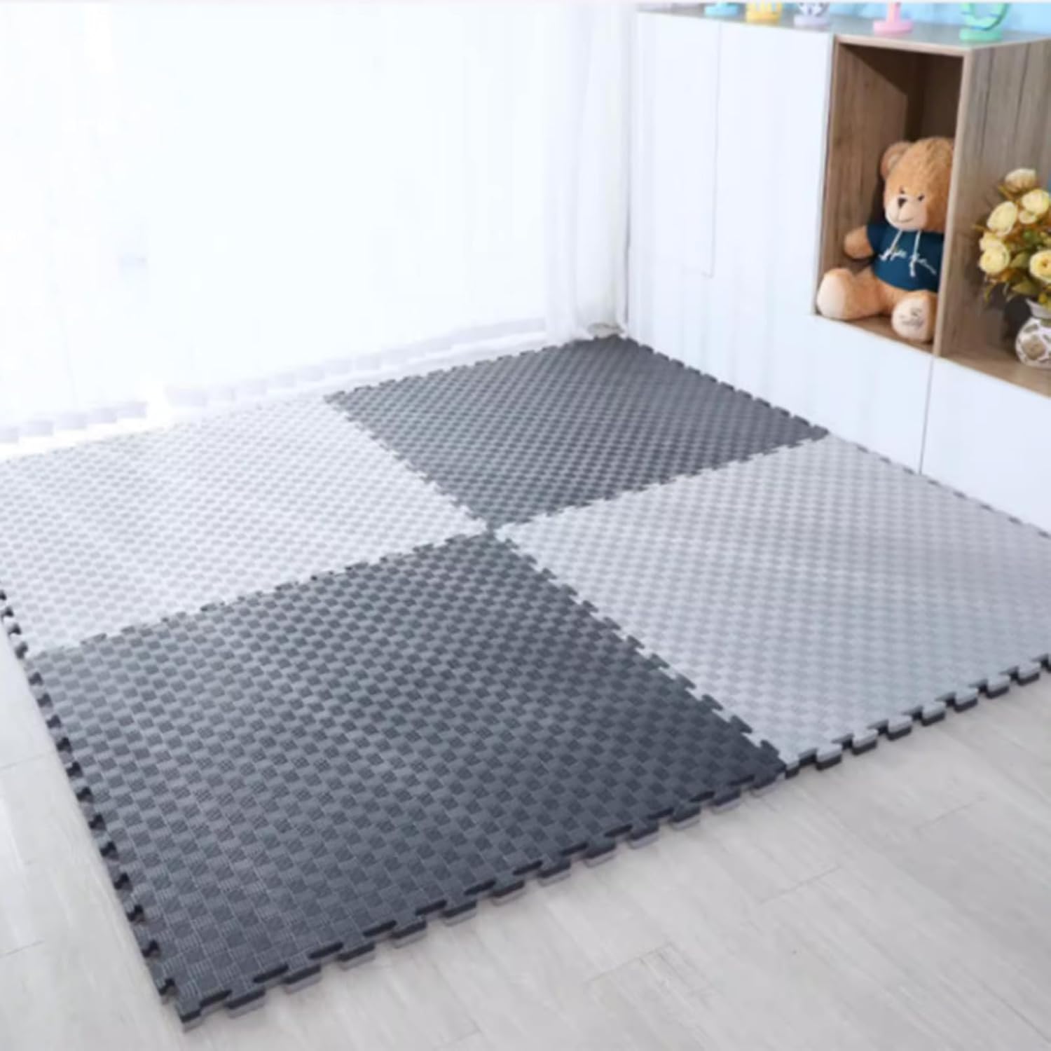 Set van 6 puzzelmatten 1x1m – EVA foam sportmat zwart/grijs – 2 cm dik – antislip fitnessmat met randen – schokabsorberende trainingsvloer – ideaal voor home gym, yoga, garage, outdoor training – eenvoudig te monteren & reinigen