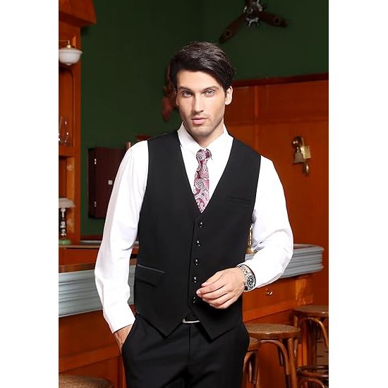 Heren Waistcoat - Formeel effen kleur trouwvest - Klassiek zakelijk feest smokingvest met zakken, Zwart - Herenvest - Zakelijk Formeel Vest - Trouwpak Vest - Smoking Gilet met Zakken - Heren Taillejas - Effen Kleur Vest met Zakken