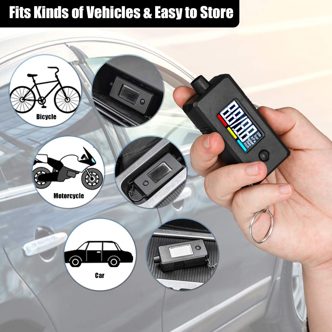 CZC AUTO Digitale Bandenspanningsmeter & Profieldieptemeter 2-in-1 – LCD Verlicht Display tot 100 PSI &amp; 15mm – Nauwkeurige Meting in 4 Drukeenheden – Auto, Motor, Fiets & Truck – Inclusief Sleutelhanger – Zwart