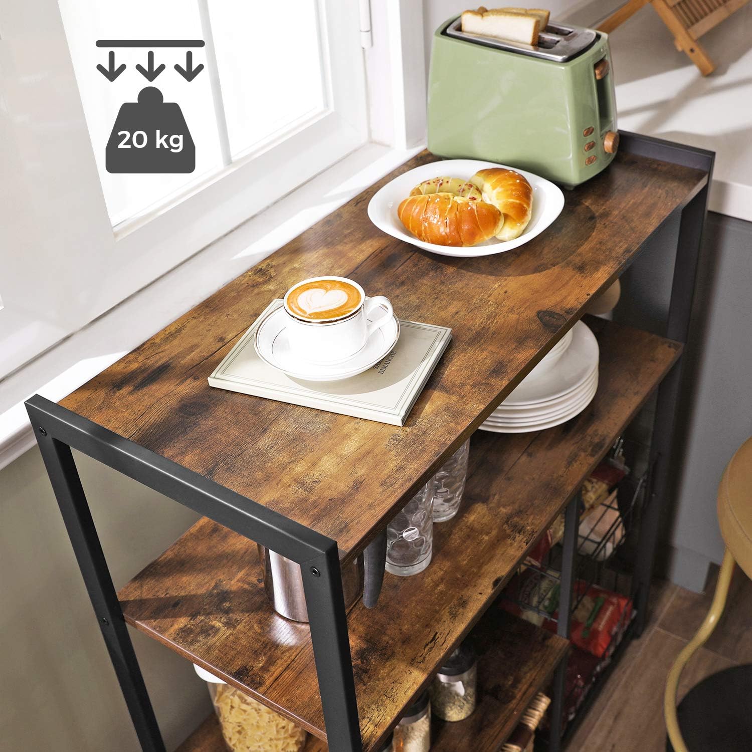 Industriële Keukenrek Met 2 Metalen Mandjes – VASAGLE Vrijstaand Bakkerijrek 80 x 35 x 95 cm – Keuken Organizer Met Haken En Opbergrekken – Microwave Rek In Vintage Donkerbruin En Zwart – Met Verstelbare Poten En IJzeren Frame