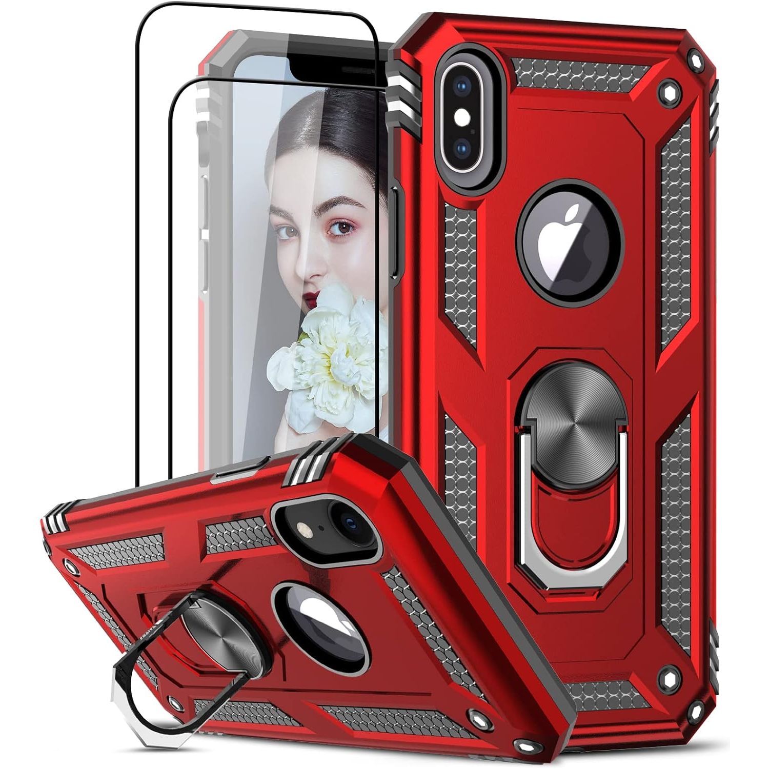 Heavy Duty Beschermhoesje + Screen Protector - Geschikt voor iPhone X / Mobiel Hoesje iPhone XS - met Gehard Glas Schermbeschermer, 360 Graden Ringhouder, Militaire Pantser Mobiele Telefoonhoesjes, Schokbestendige Cover, Beschermend Hoesje