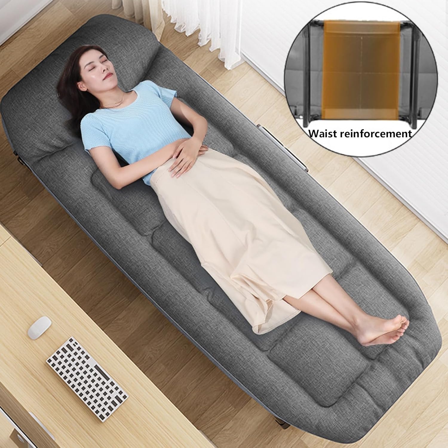 Opvouwbaar Logeerbed met Verstelbare Rugleuning – 6 Posities – Inklapbaar Bed met Matras en Zijvak – 180 × 66 × 30 cm – Voor Binnen & Buiten, Kantoor of Reizen