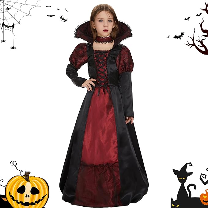 Vampier Kostuum Voor Meisjes - Lange Zwarte En Rode Vampier Jurk Met Halsband - Gothic Kinderkostuum Voor Halloween, Carnaval, Cosplay - Maat 4-9 Jaar - Luxe Halloween Verkleedjurk Met Spinmotief