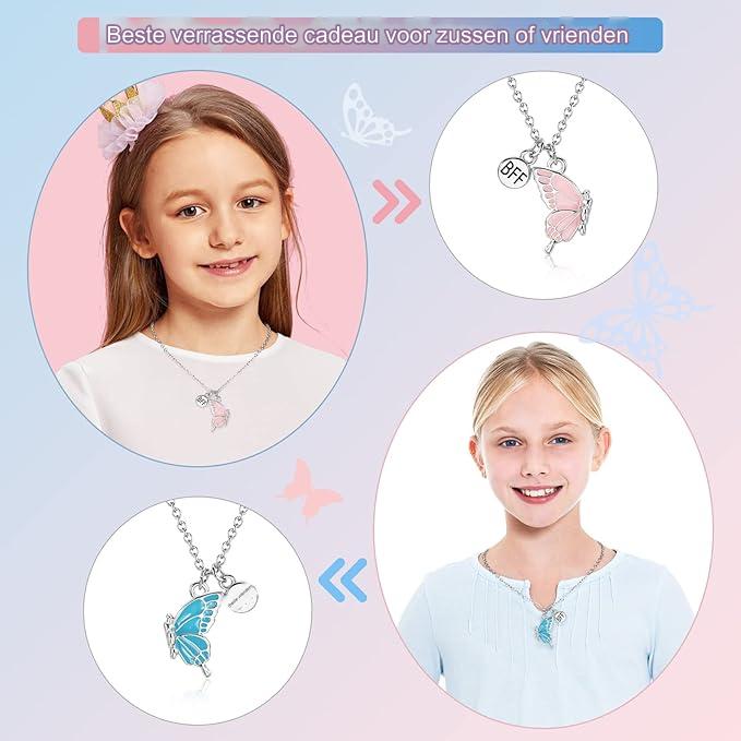 2 Stuks - Vriendschapsketting Voor Vrouwen - Bff Kettingen Voor 2 Meiden - Zilveren Vlinderhanger Ketting - Mode Sieraden - Ketting Met Hartvormige Puzzelhanger - Persoonlijke Sieraden - Meerkleurige Kettingen - Blauw Roze
