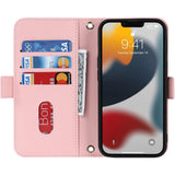 Mobiele telefoon ketting - iPhone 14 Pro Max hoesje met riem - Flip leren portemonnee telefoonhoes - Spiegelfunctie - Met 5 kaartsleuven - Magnetische sluiting - Beschermende flipcase voor iPhone 14 Pro Max - Roze