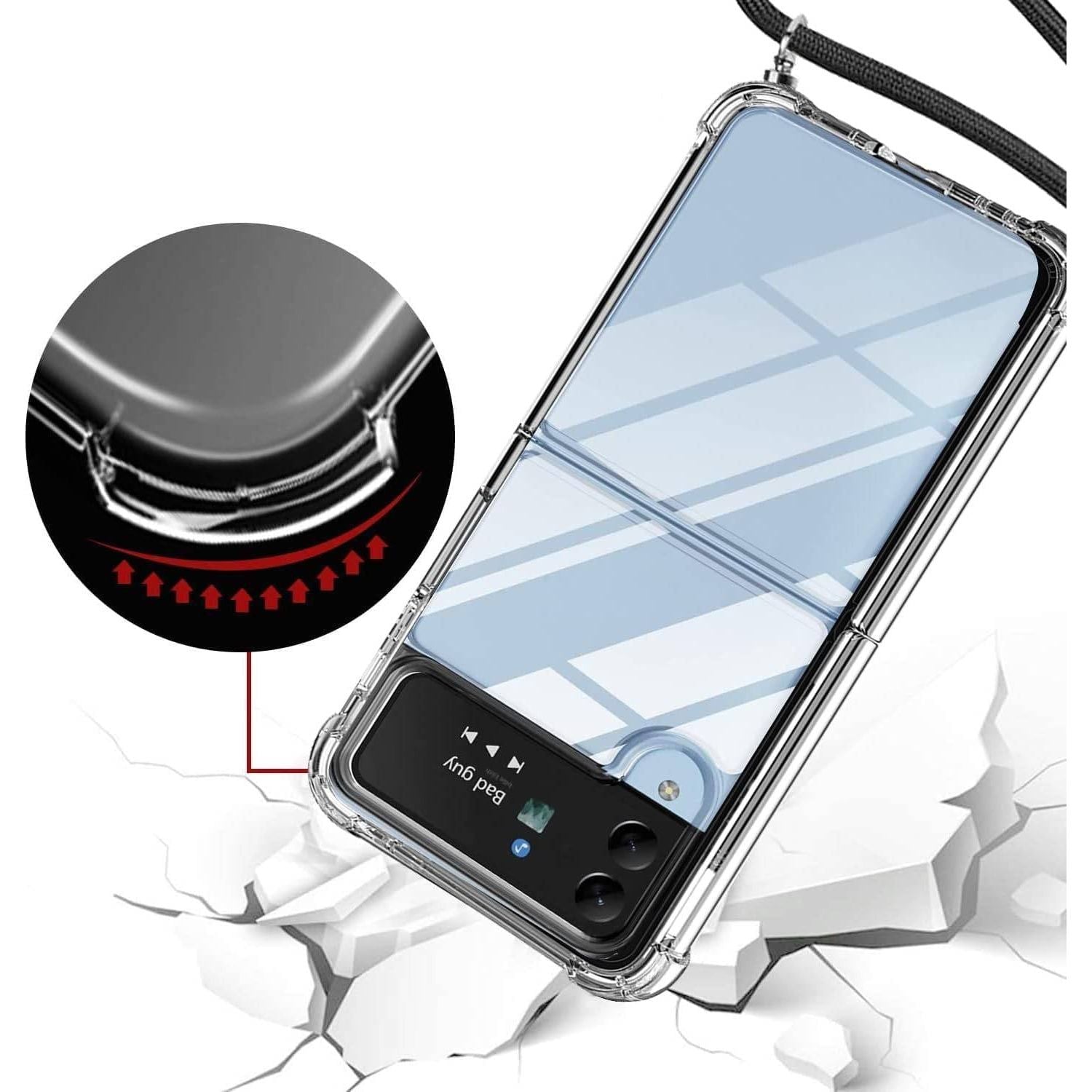 Samsung Galaxy Z Flip 4 5G Hoes met Afneembare Nekkoord - Transparant Siliconen Beschermhoes - Zwarte Verstelbare Draagkoord