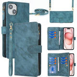 iPhone 15 hoesje met koord - Flip portefeuille etui - Leren telefoonhoes - Beschermhoesje voor iPhone 15 - Met 9 kaartsleuven - Dubbele magnetische sluiting - Beschermende flipcase voor iPhone 15 - Lichtblauw