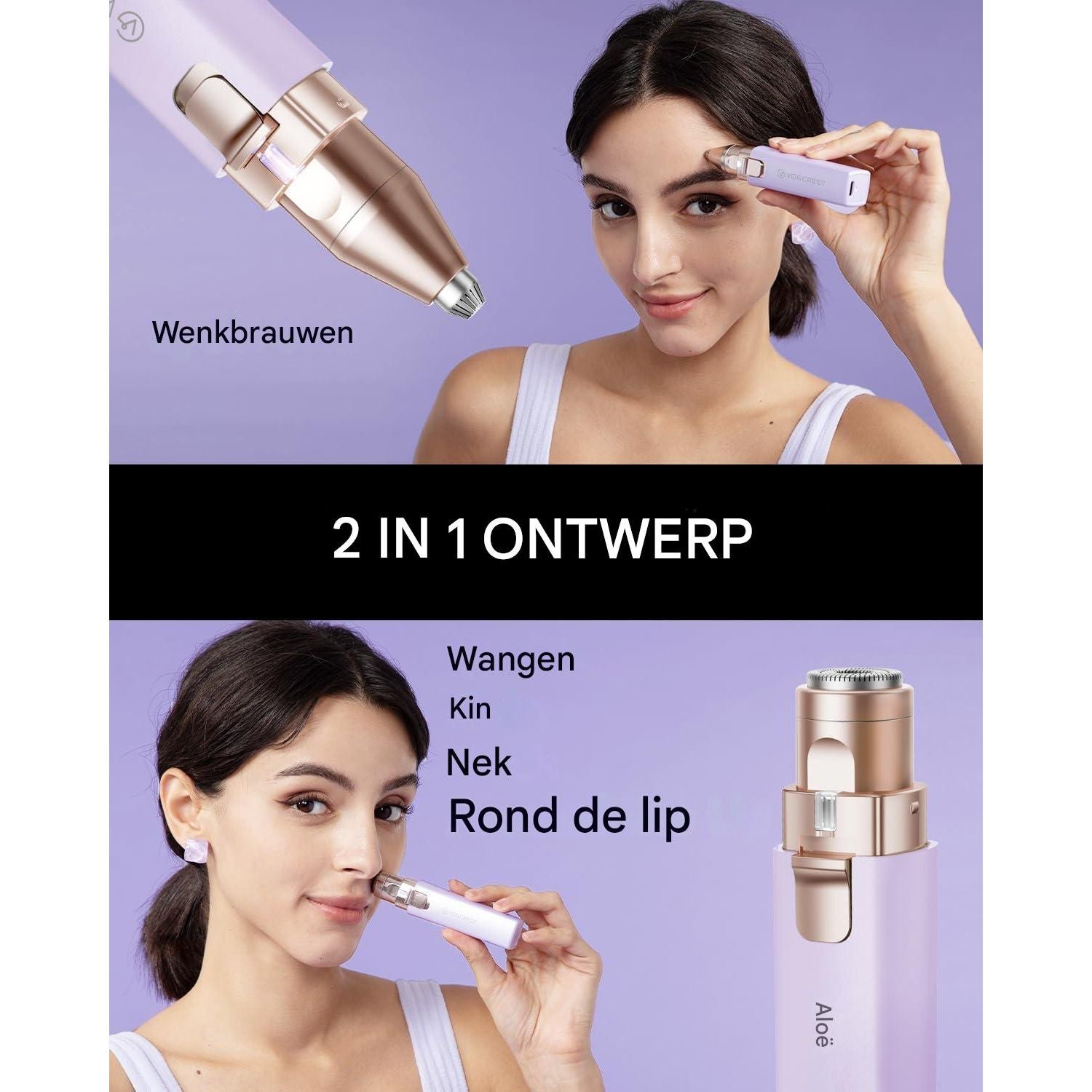 Vogcrest - 2 in 1 Elektrische Gezichts- en Wenkbrauwtrimmer – Oplaadbaar via Type-C met Ingebouwde LED-Lamp – Draagbaar & Discreet – Pijnvrije Haarverwijdering voor Vrouwen – Geschikt Voor Gezicht, Lippen & Wenkbrauwen