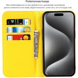 iPhone 15 Plus Portemonnee Hoesje met Kaarthouder en Polsband - Echt Leren Flip Cover met RFID Blokkering en Magnetische Sluiting - Beschermende Case voor iPhone 15 Plus 6.7 Inch (Geel) - Voor Stijlvolle en Veilige Draagbaarheid