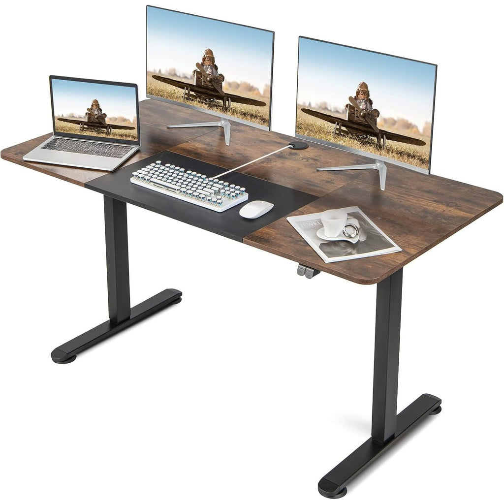 Verstelbaar Elektrisch Zit / Sta Bureau - 140 cm x 71 cm Ergonomische Werkstation - Duurzaam Metaal Frame - Knopbediening - Kabelgat &amp; Koptelefoonhaak - Grote Werkruimte - Anti-botsing Technologie - Rustiek Bruin Tafelblad