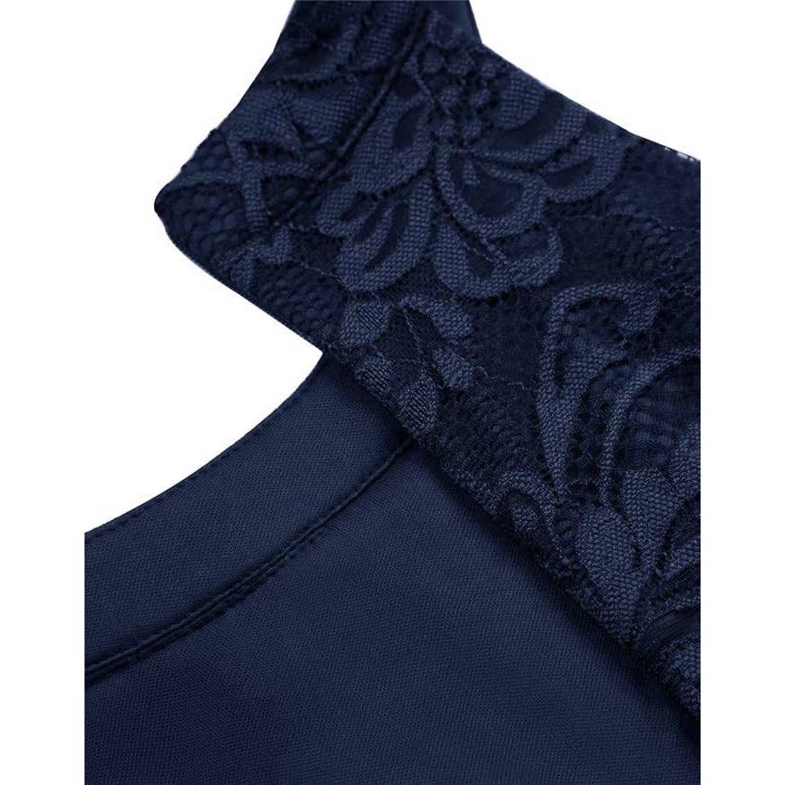 BeryLove Halter Cocktailjurk Voor Dames – Navy Blauwe Hoog-Laag Jurk Met Bloemenkant En Tulle – Mouwloze Elegante Swing Dress Met Slimme Taille En Verborgen Ritssluiting – Feest, Bruiloft Of Avondgelegenheden – Comfortabele Voering En Chic Kantdesign