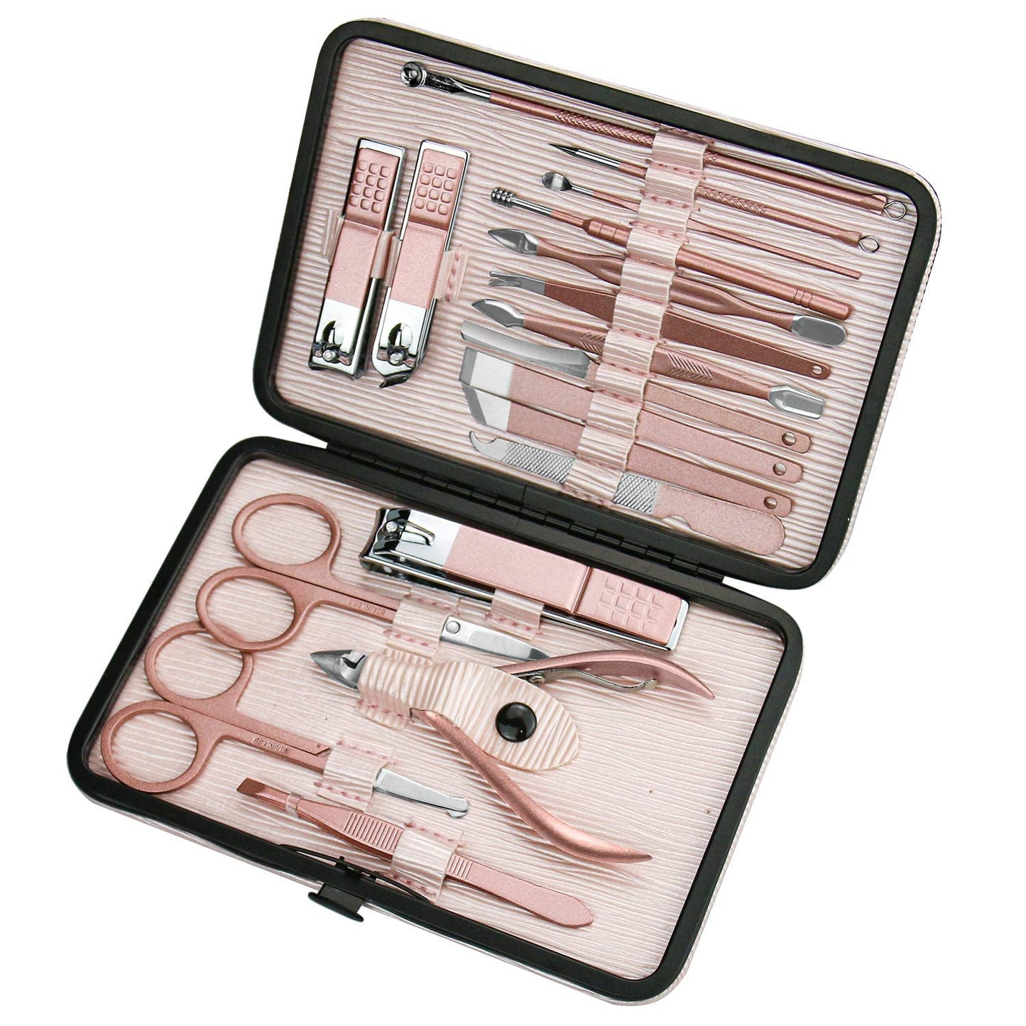 18 in 1 - Luxe Professionele Pedicure Set - Manicure Set - Nagelschaar Verzorgingsset met Lederen Reisetui Roze - Complete Nagelverzorgingskit met Nagelschaar en Etui
