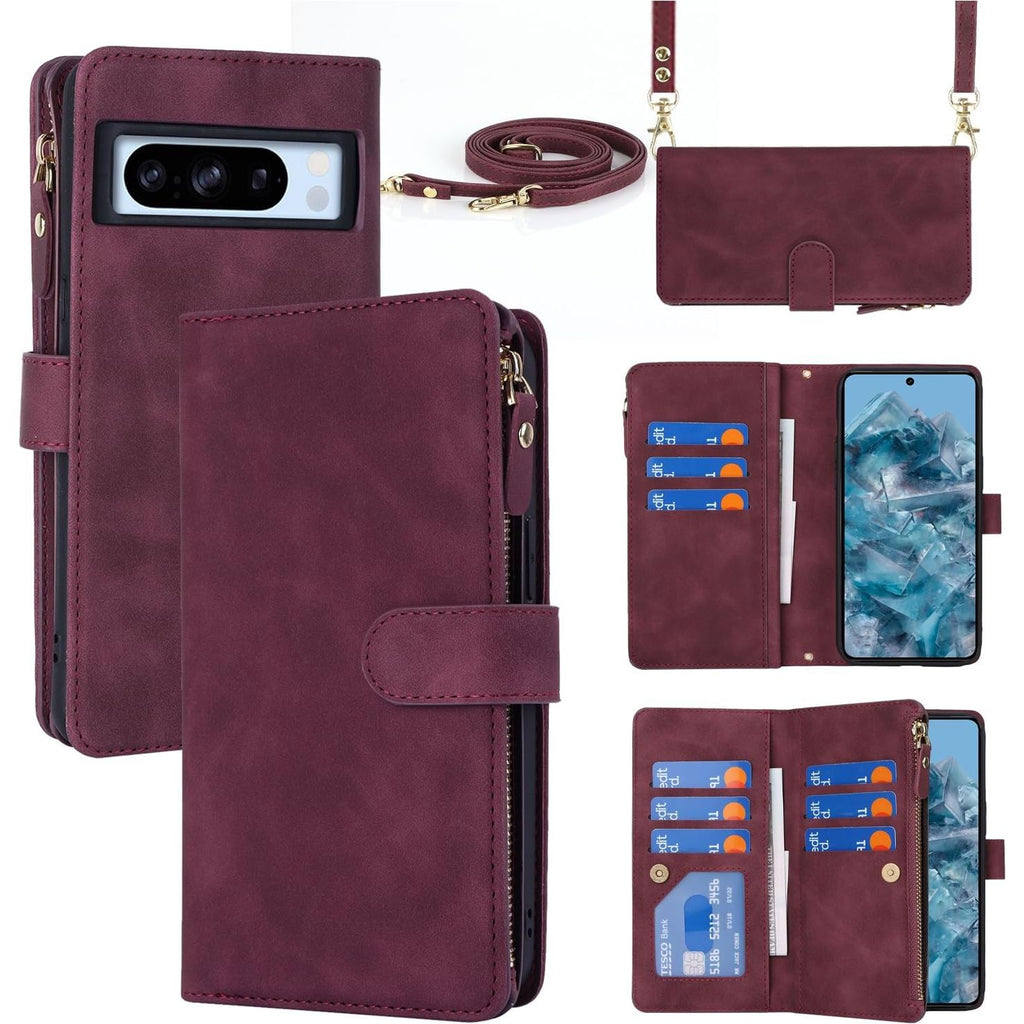 Google Pixel 8 Pro Hoesje met Riem - Flip Lederen Portemonnee Mobiele Telefoon Case - [Met 9 Kaartsleuven] [Magnetische Sluiting] - Mobiele Telefoonketting Beschermende Flip Hoes - Beschermende Mobiele Telefoon Hoes voor Google Pixel 8