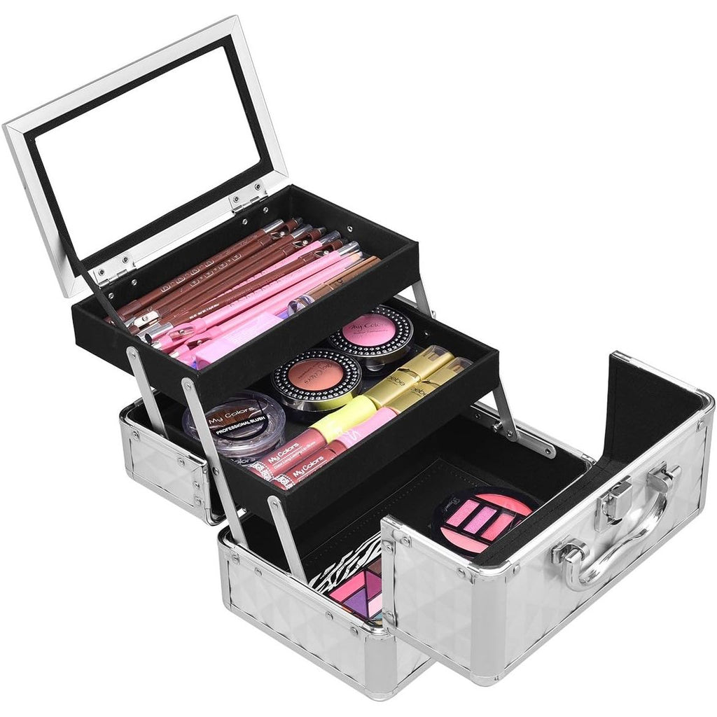 Luxe Cosmeticakoffer - Beautycase - Sieradenkoffer - 23x15x18 cm - Zilver - Aluminium Frame - Met Spiegel en Uittrekbare Trays - Draagbaar en Stofbestendig - Ideaal voor Reizen en Make-up Studio's