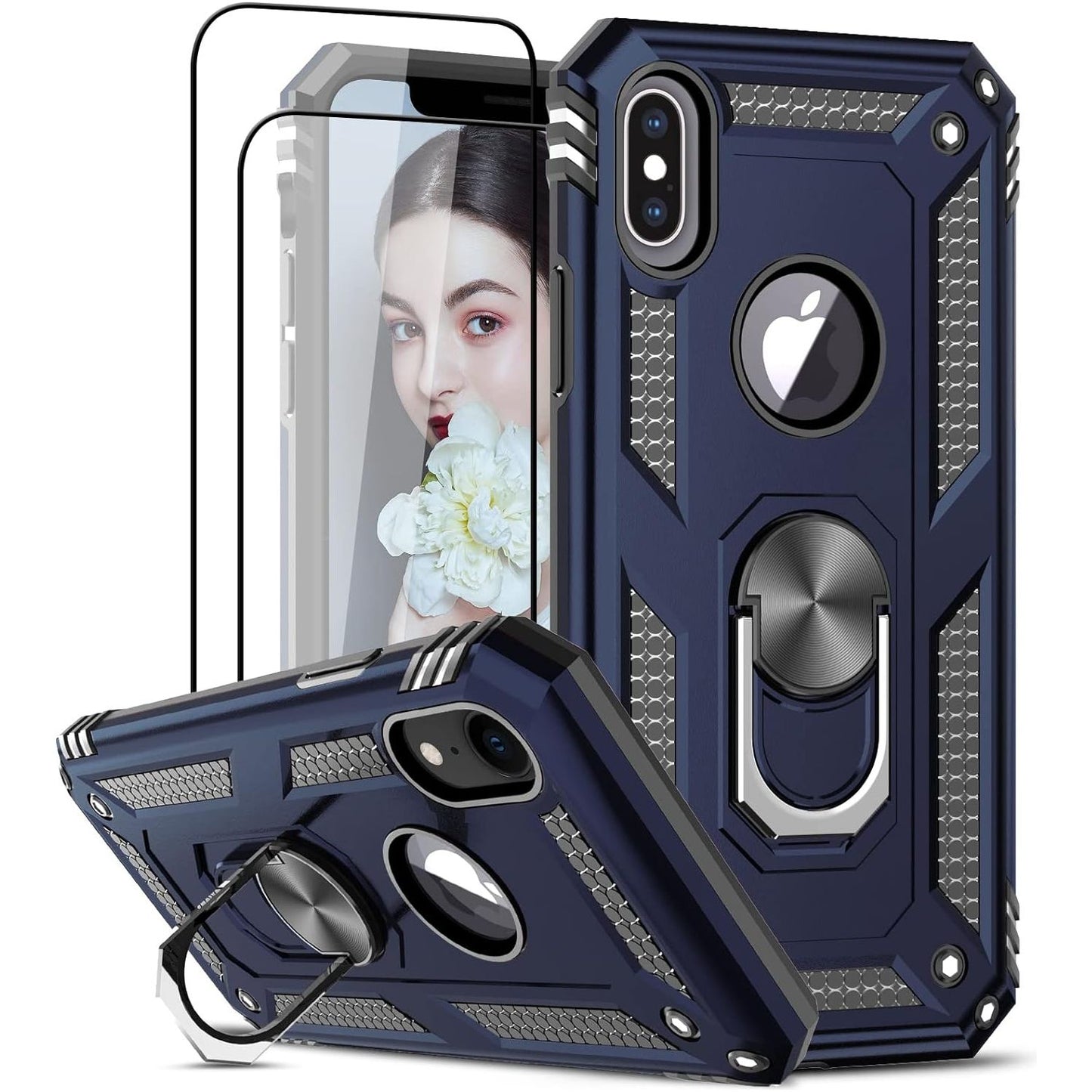 Heavy Duty Beschermhoesje + Screen Protector - Geschikt voor iPhone X / Mobiel Hoesje iPhone XS - met Gehard Glas Schermbeschermer, 360 Graden Ringhouder, Militaire Pantser Mobiele Telefoonhoesjes, Schokbestendige Cover, Beschermend Hoesje