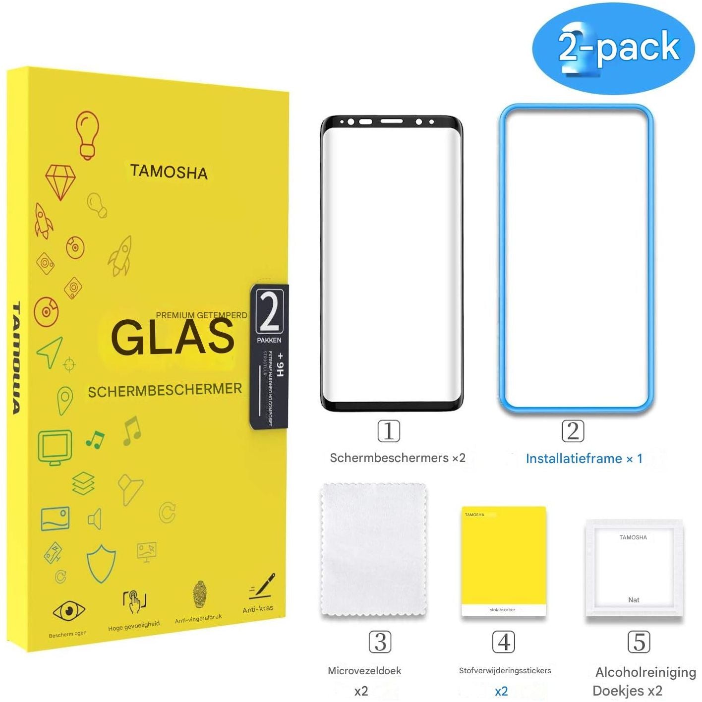2 Stuks - Gehard Glas Screenprotector – Samsung Galaxy S9 Plus – 9H Hardheid – Inclusief Installatiekader – Case-Vriendelijk – Anti-Fingerprint – Hoge Transparantie – 3D Gebogen Randen (Zwart)