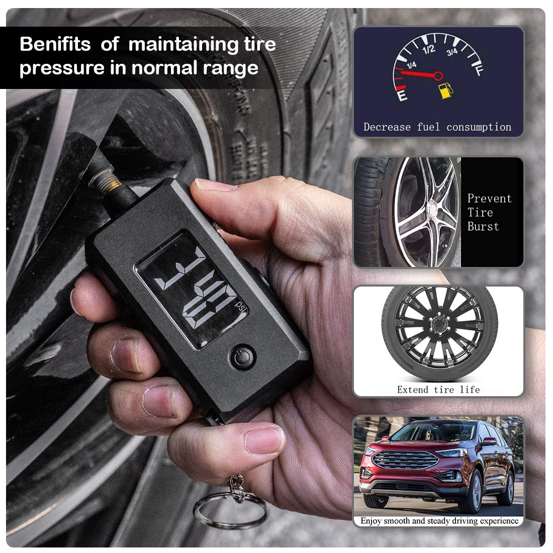 CZC AUTO Digitale Bandenspanningsmeter & Profieldieptemeter 2-in-1 – LCD Verlicht Display tot 100 PSI & 15mm – Nauwkeurige Meting in 4 Drukeenheden – Auto, Motor, Fiets & Truck – Inclusief Sleutelhanger – Zwart
