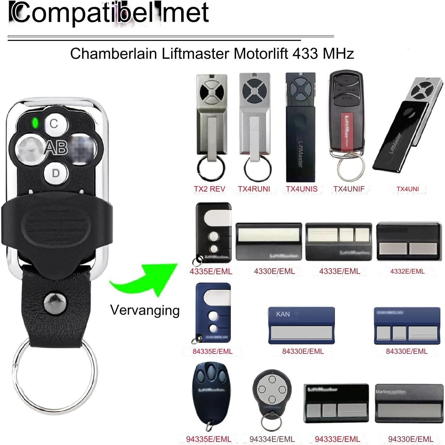 Handzender 433MHz Compatibel met Chamberlain, Liftmaster 4335E/EML 4330E/EML 84335E/EML 94335E/EML, TX4UNIS TX4UNIF TX4UNI Afstandsbediening MotorLift ML500/700/750/850 Garage Deur