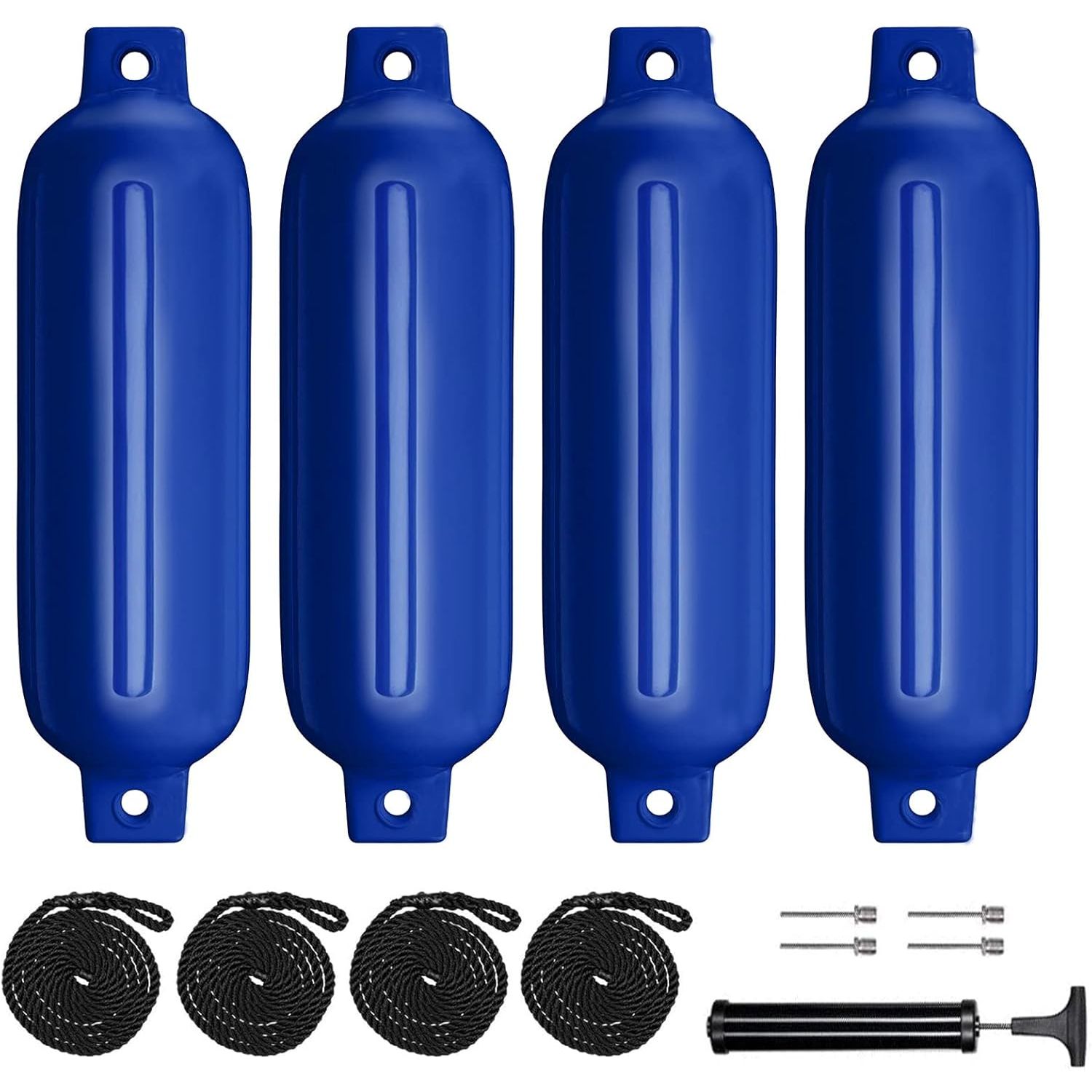 4 Stuks – Opblaasbare Bootfenders 11,5 x 40,6 cm – Sailortenx Ribbel Botenfenders – Blauwe Bootstootwillen met 2 Ogen – Inclusief 2 Meter Touwen, Handpomp en Naalden – Fenders voor Jacht, Sloep, Roeiboot, Ponton, Rubberboot of Kajuitboot