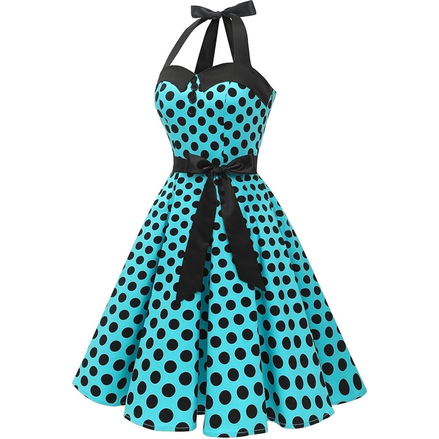 1950s Vintage Polkadot Swing Jurk - Maat L – Retro Cocktailjurk – Halterstijl – Elastische Rug Met Bandage en Verborgen Ritssluiting – Knielang – Perfect Voor Bruiloften, Proms, Feestjes en Thema-evenementen