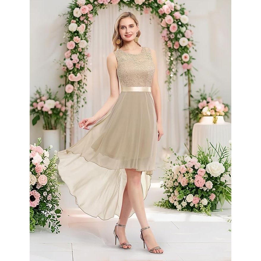 Elegante Mouwloze Hi-Lo Jurk – Kant en Chiffon Cocktailjurk – A-Lijn Galajurk met Ronde Hals – Champagnekleurig