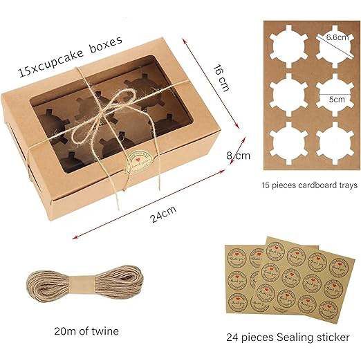15-Pack Luxe Cupcake Dozen met Venster - Perfect voor Gebak en Muffins - Inclusief Kartonnen Inzetstukken en Bedankt Stickers - Duurzaam en Stijlvol Ontwerp