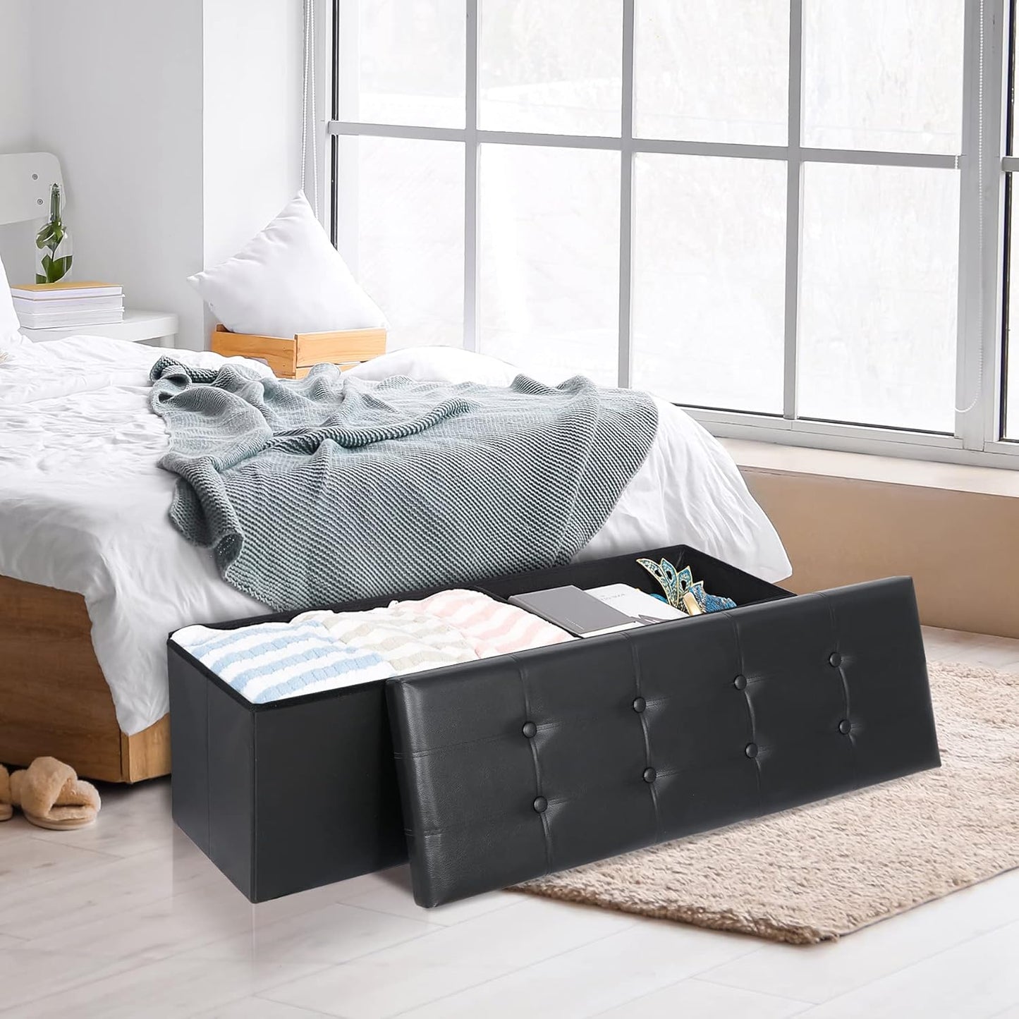 Opvouwbare Opberg Ottoman Bank – 110 cm Kunstleer Voetenbank met Opbergruimte en Gewatteerde Zitting – Draagbare Opbergbank tot 300 kg – Zwart – Voor Woonkamer, Slaapkamer of Hal