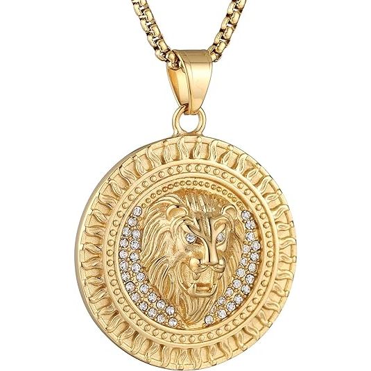Leo 18K Vergulde Leeuwenkop Hanger - Ingelegd met CZ - Vintage Hip Hop Viking Rock Punk Dierentotem Amulet Ketting - Roestvrij Staal - Karabijnsluiting - 5 cm - Mode Accessoire