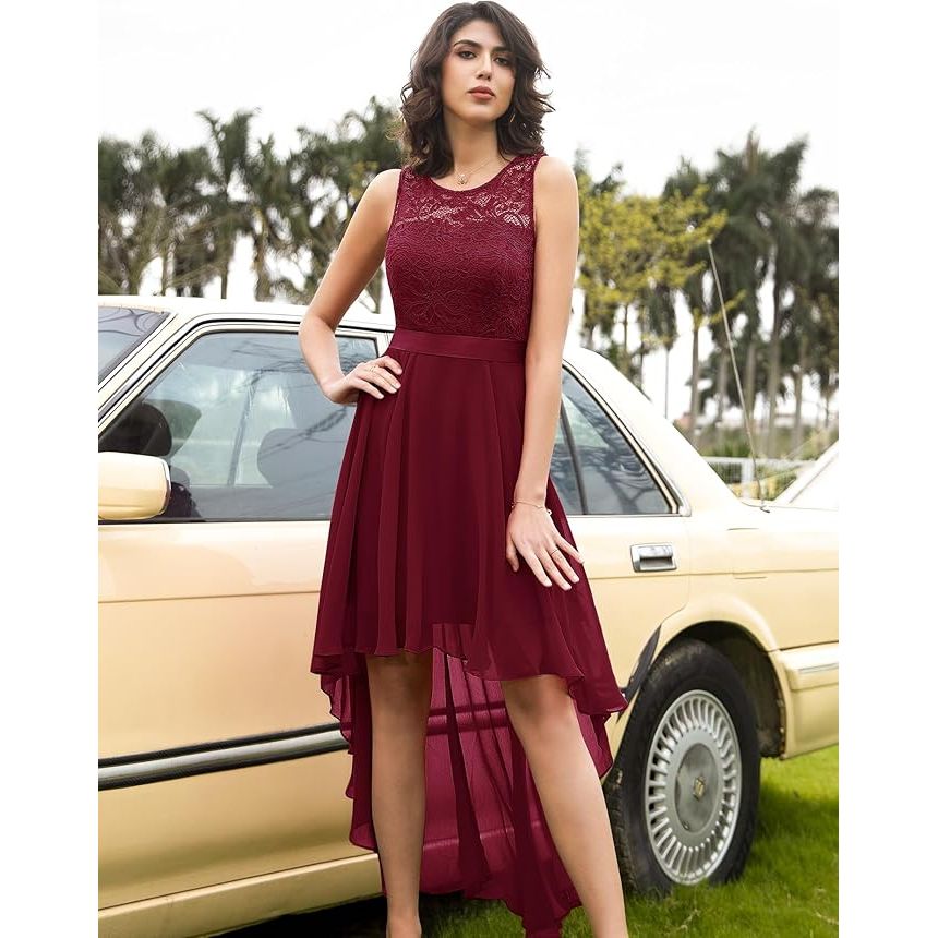 Elegante Asymmetrische Cocktailjurk – Mouwloze Chiffon Avondjurk met Kant – Perfect voor Bruiloften, Feesten en Formele Gelegenheden - Wijn Rood
