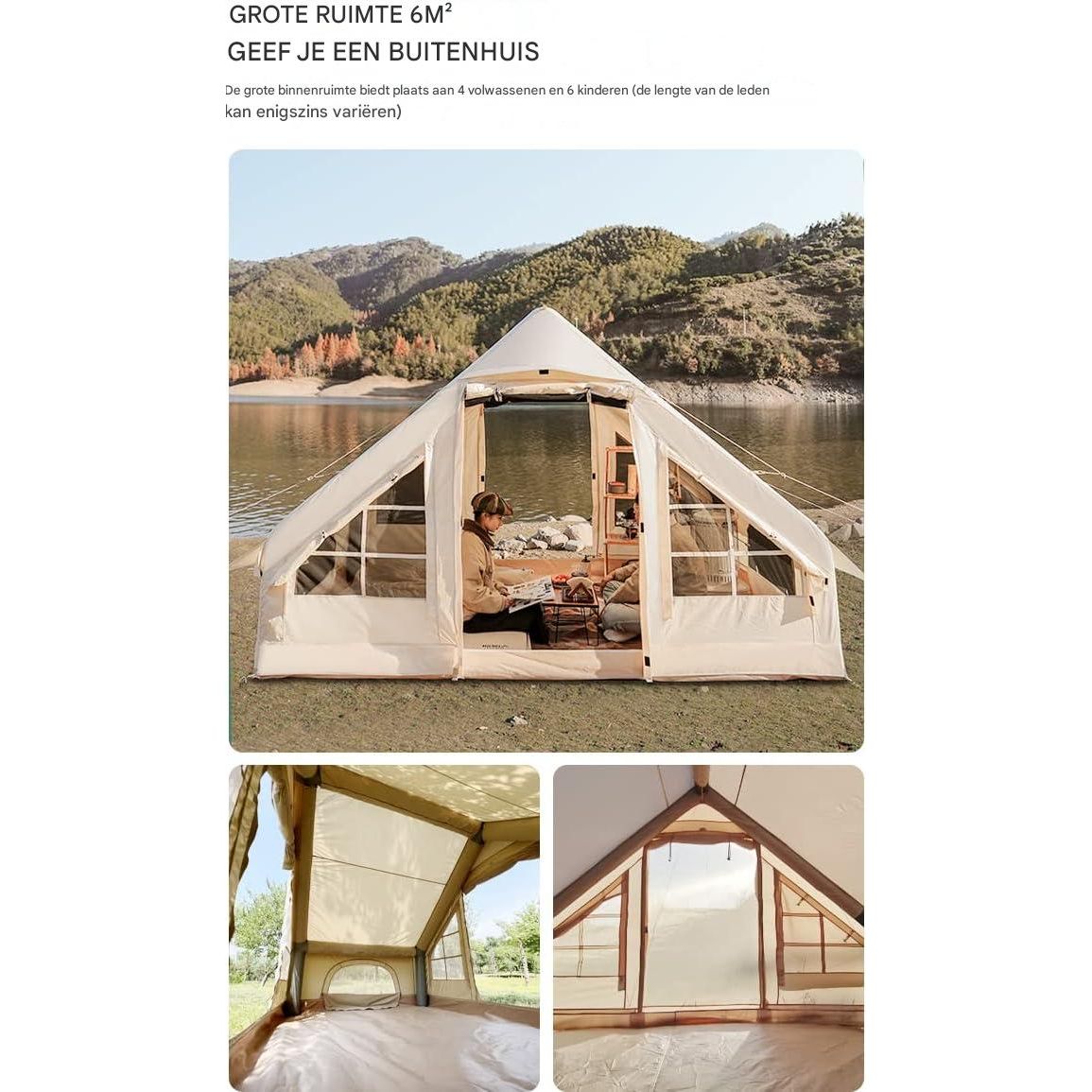 Opblaasbare Katoenen Tent – Luxe Outdoor Camping Cabin Tent met Pomp – 4-Seizoenen Waterdichte Canvas Tent zonder Stokken – 3-4 Personen – 210×300×200 cm – Khaki