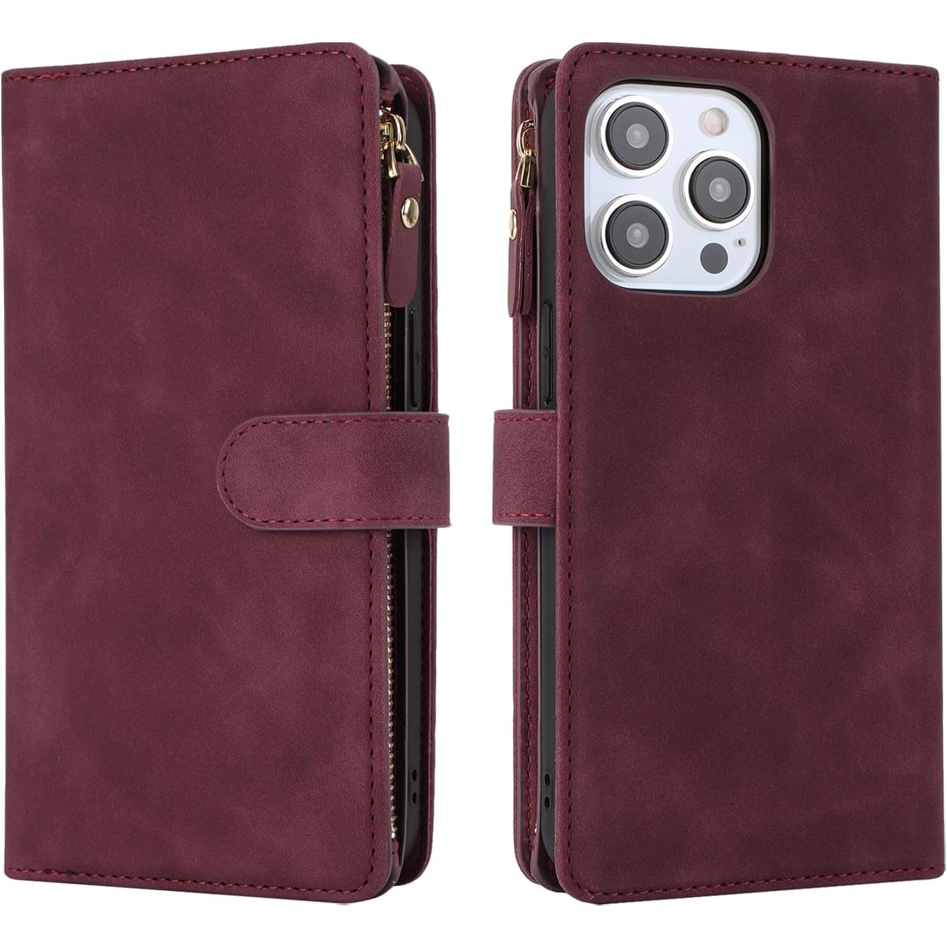 iPhone 15 Pro Hoesje Met Lanyard - iPhone 15 Pro Case - Flip Wallet Lederen Hoes - 9 Kaartsleuven - Dubbele Magnetische Sluiting - Beschermende Cover Voor iPhone 15 Pro Max - Rood - Shockproof TPU Magnetische Beschermhoes