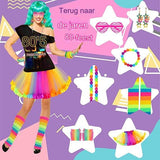 80s Verkleedkostuum Voor Vrouwen - Neon Accessoires Set Uit De Jaren 80 - Regenboog Tutu Rok, Beenwarmers, Handschoenen, Bril, Oorbellen, Armband, Ketting - Retro Party Kostuum - Dansoutfit Volwassenen - Halloween/ Feest - Pull On Sluiting