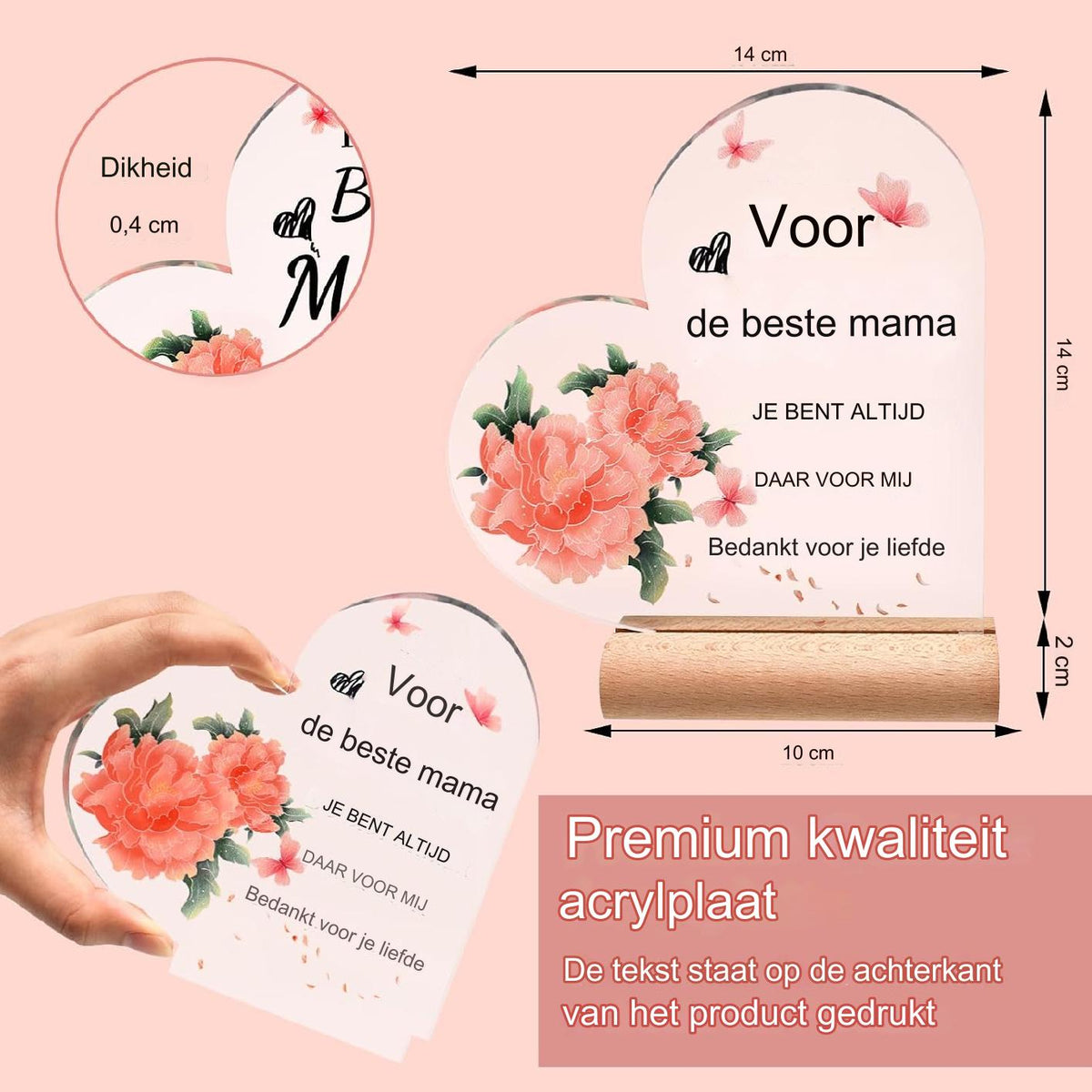 Persoonlijk Inspiratiegeschenk Voor Moeder - Acryl Decoratie Met Bloemen En Vlinders - Hoogwaardige Acryl Plaque Voor Moeders - Verjaardagscadeau Voor Moeder Van Dochter En Zoon - Moederdag Geschenk - Inclusief Houten Standaard