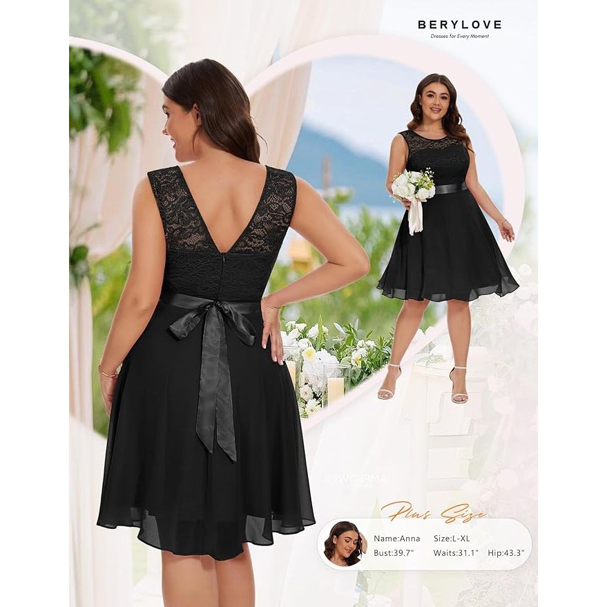 Korte Bloemenkant Bridesmaid Jurk – A-lijn Swing Cocktailjurk – Met Boot-Hals, V-Rug en Afneembare Strikceintuur – Ideaal Voor Bruiloften, Proms, Feestjes en Speciale Gelegenheden – Zwart