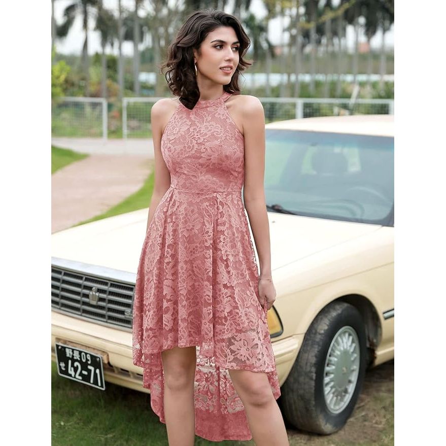Dames Halter Kantjurk – Hi-Lo Cocktailjurk Voor Feest En Bruiloft – Mouwloze Formele Jurk Met Bloemenkant – Elegante Avondjurk Met Rugrits – Halterjurk Voor Party Date Night Diner Valentijn Galafeest Bridesmaid Outfit - Roze