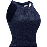 BeryLove Halter Cocktailjurk Voor Dames – Navy Blauwe Hoog-Laag Jurk Met Bloemenkant En Tulle – Mouwloze Elegante Swing Dress Met Slimme Taille En Verborgen Ritssluiting – Feest, Bruiloft Of Avondgelegenheden – Comfortabele Voering En Chic Kantdesign