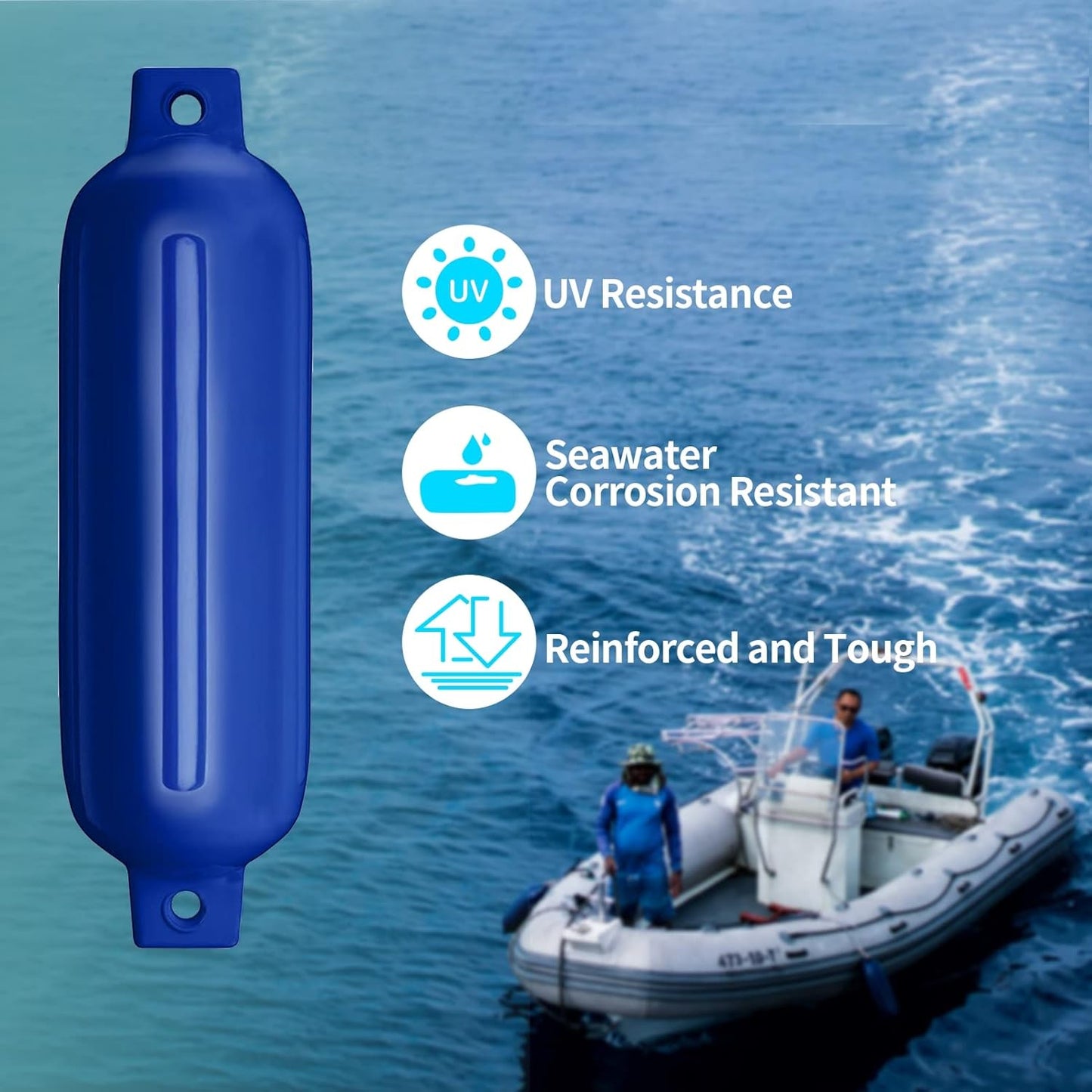 4 Stuks – Opblaasbare Bootfenders 11,5 x 40,6 cm – Sailortenx Ribbel Botenfenders – Blauwe Bootstootwillen met 2 Ogen – Inclusief 2 Meter Touwen, Handpomp en Naalden – Fenders voor Jacht, Sloep, Roeiboot, Ponton, Rubberboot of Kajuitboot