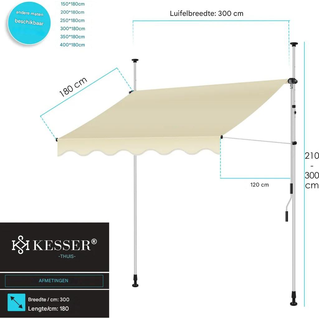 Inklapbare Klemluifel – Hoogwaardige Zonluifel – Montagehoogte 210-300 cm – UV-Bescherming – Water- en Vuilafstotend – Polyurethaan-Coating – Handmatige Slengel van 125 cm – Diagonaal / Verticaal Uitschuifbaar – Stalen Frame – 180 cm Uitschuiflengte