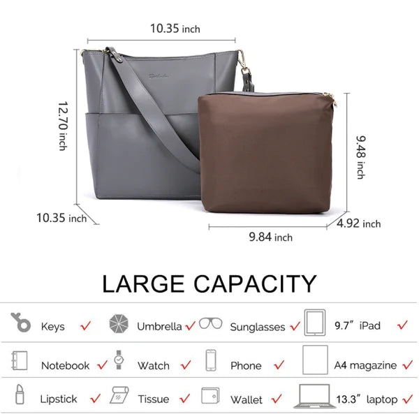Bostanten - Luxe Dames Leren Handtas en Schoudertas in Donkergrijs - Stijlvolle Tote met Hoogwaardige Lichtgouden Hardware, Inclusief Veilige Magnetische Gesp en Praktisch Afneembaar Binnentasje, Perfect voor Dagelijks Gebruik en Speciale Gelegenheden